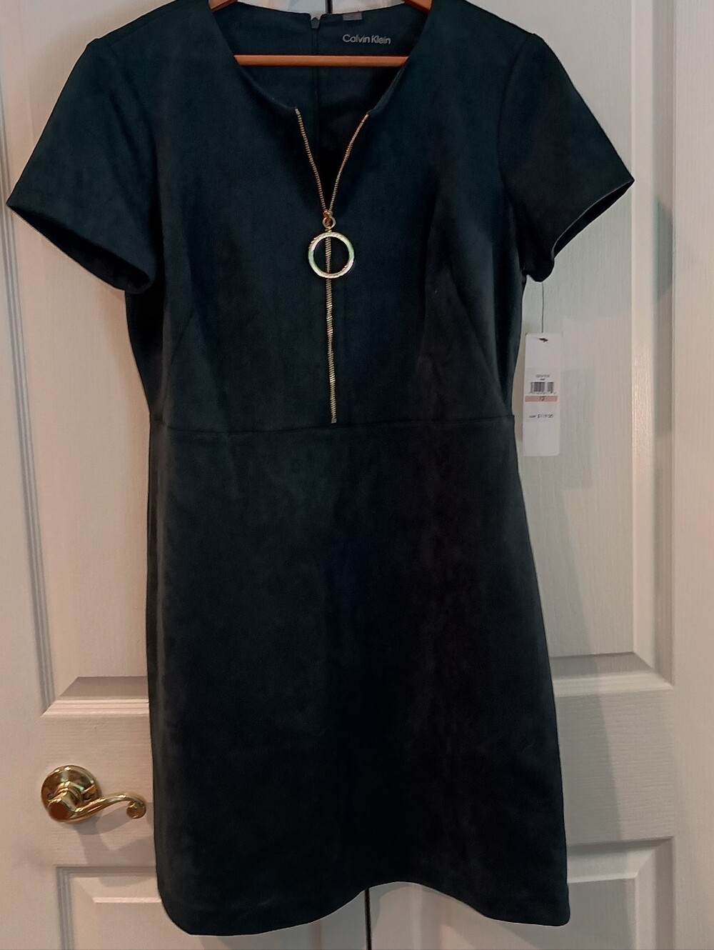 Calvin Klein Deep Green Short-Sleeve Sheath Dress with Gold Ring Zipper